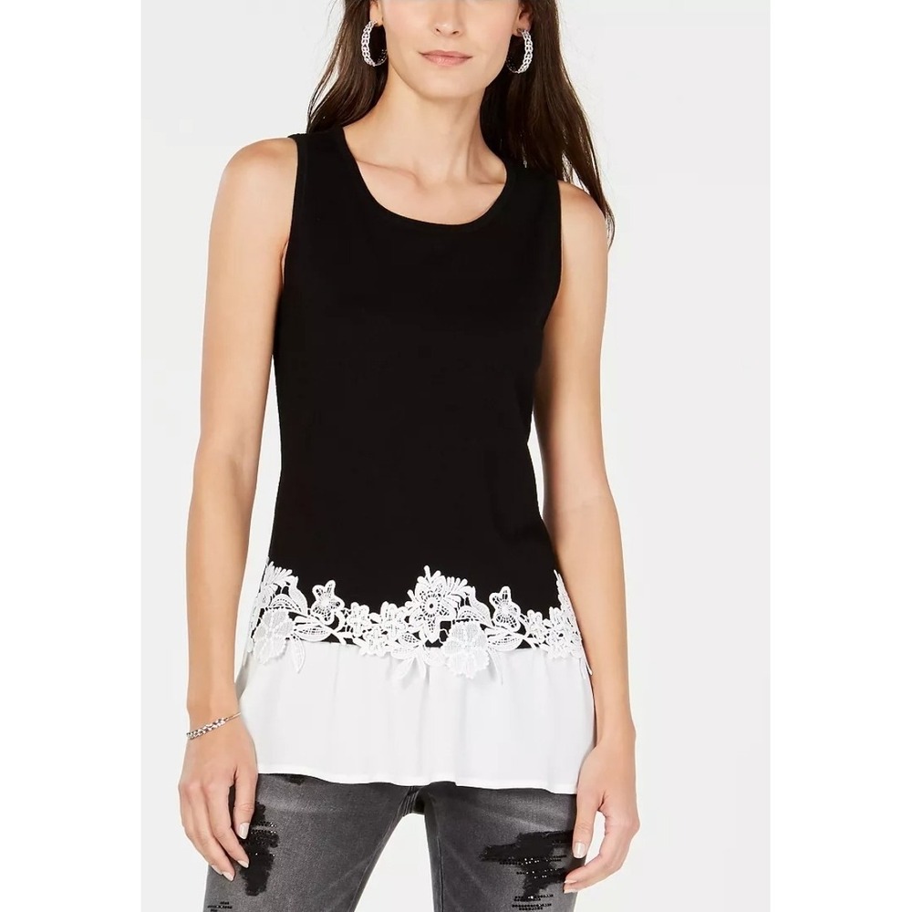 INC International Concepts Layered Lace Trim Tank Top Sz M Black White Peplum